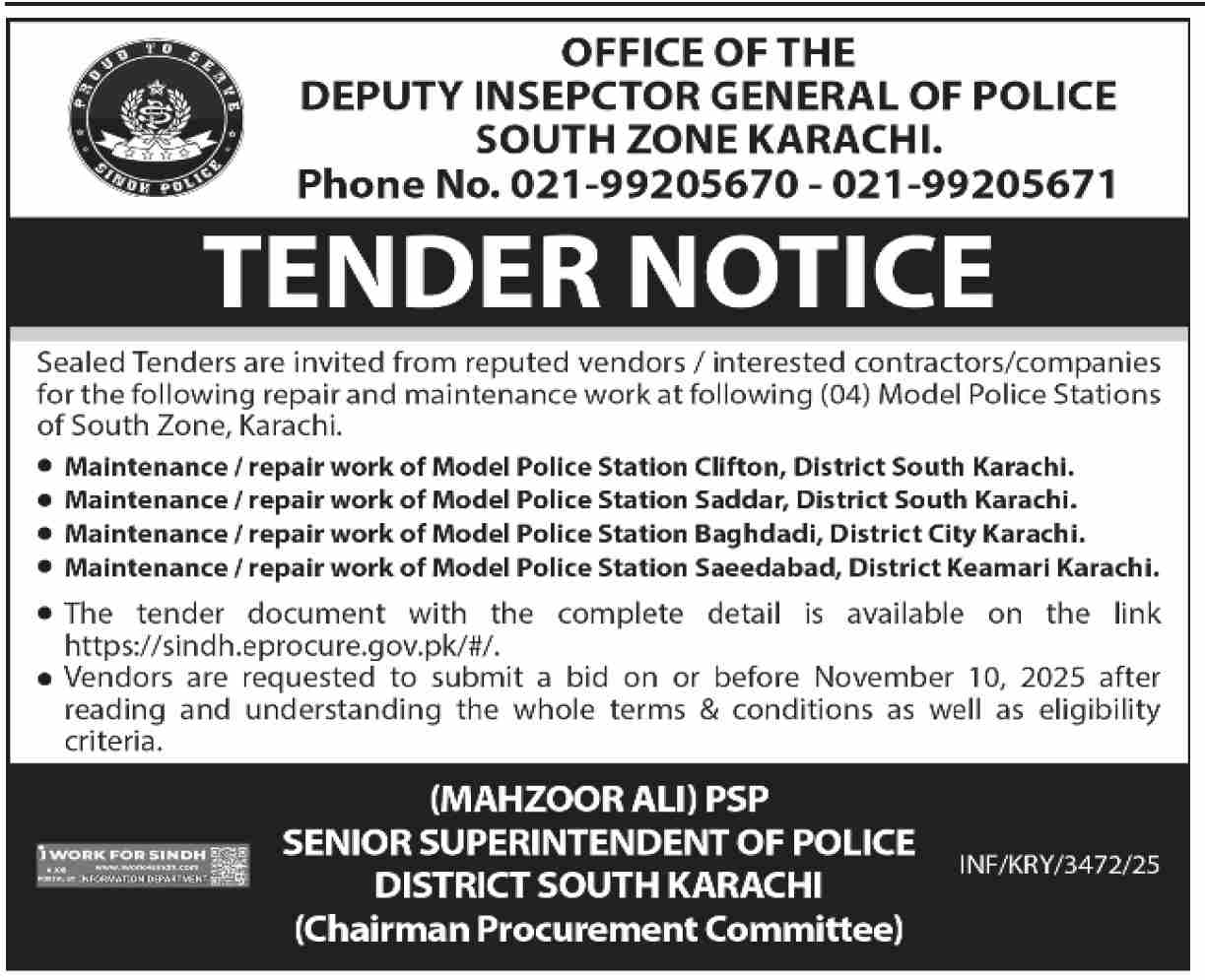 Police Department Karachi Tender Notice